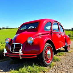 A charming red Citroën 2CV with cherry-colored paint and chrome wire-spoked wheels