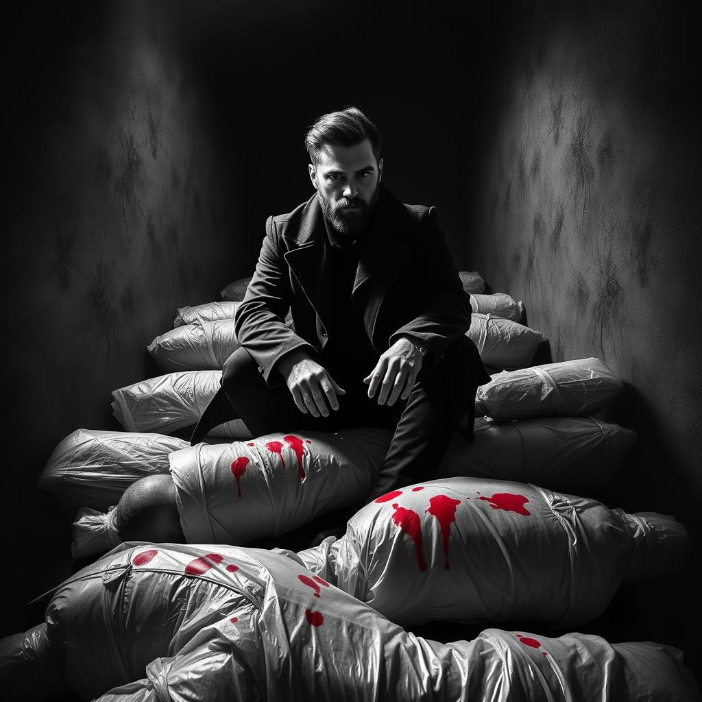 A black and white poster depicting a creepy dark room with a young mafia man with a beard sitting atop multiple dead bodies wrapped in plastic