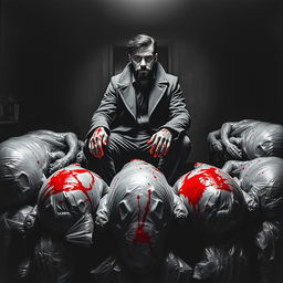 A black and white poster depicting a creepy dark room with a young mafia man with a beard sitting atop multiple dead bodies wrapped in plastic