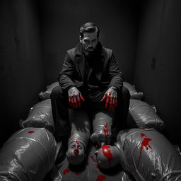 A black and white poster depicting a creepy dark room with a young mafia man with a beard sitting atop multiple dead bodies wrapped in plastic