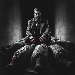 A black and white poster depicting a creepy dark room with a young mafia man with a beard sitting atop multiple dead bodies wrapped in plastic