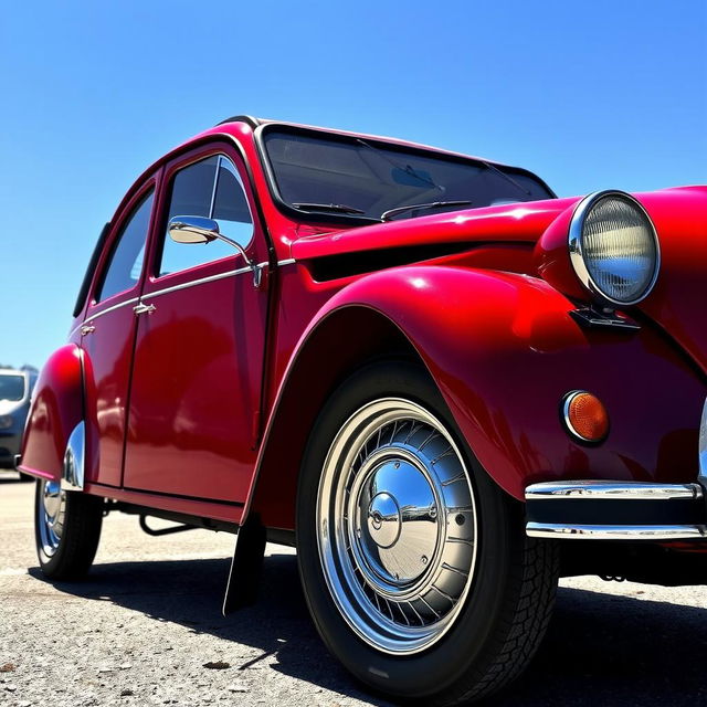 A classic Citroën 2CV with a stunning two-tone red and cherry paint job, elegantly contrasted by gleaming chrome wire spoke wheels