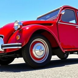 A classic Citroën 2CV with a stunning two-tone red and cherry paint job, elegantly contrasted by gleaming chrome wire spoke wheels