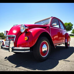 A classic Citroën 2CV with a stunning two-tone red and cherry paint job, elegantly contrasted by gleaming chrome wire spoke wheels