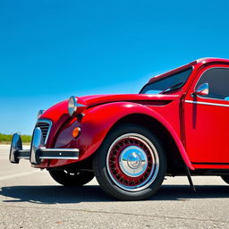 A classic Citroën 2CV with a stunning two-tone red and cherry paint job, elegantly contrasted by gleaming chrome wire spoke wheels