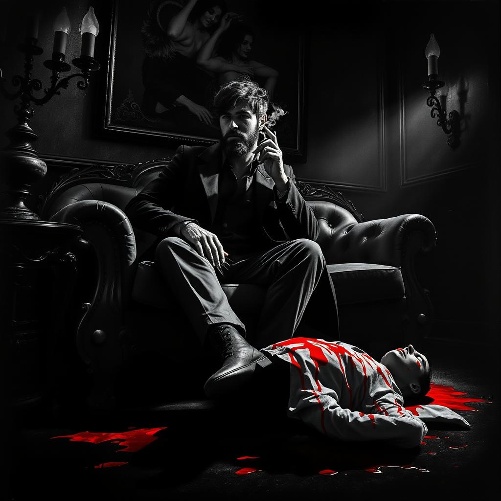 A striking black and white poster depicting a dark, creepy room with a young mafia man with a beard sitting confidently on a sofa