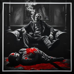 A striking black and white poster depicting a dark, creepy room with a young mafia man with a beard sitting confidently on a sofa
