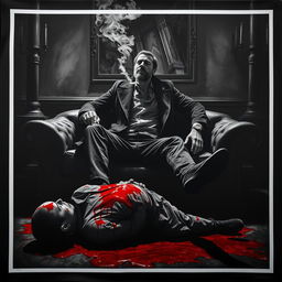 A striking black and white poster depicting a dark, creepy room with a young mafia man with a beard sitting confidently on a sofa