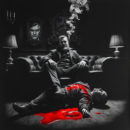 A striking black and white poster depicting a dark, creepy room with a young mafia man with a beard sitting confidently on a sofa