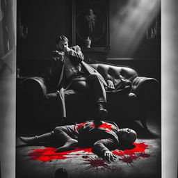 A striking black and white poster depicting a dark, creepy room with a young mafia man with a beard sitting confidently on a sofa