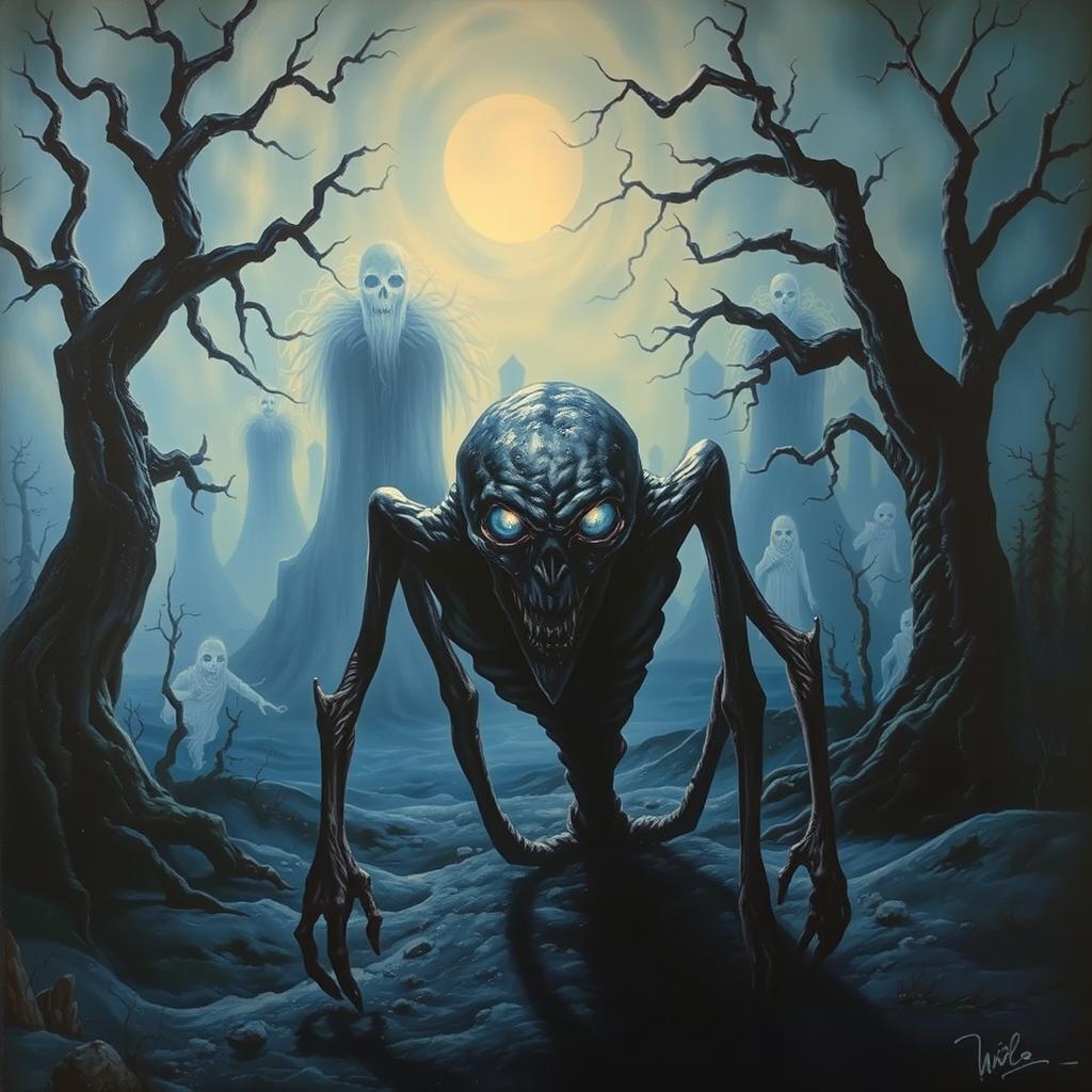 A painting that vividly brings nightmares to life, featuring a dark, surreal landscape with twisted trees and eerie fog