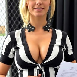 close-up of the chest and torso of a gorgeous female referee with blonde hair, wearing a tight black and white vertically striped shirt tied in the front