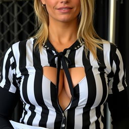 close-up of the chest and torso of a gorgeous female referee with blonde hair, wearing a tight black and white vertically striped shirt tied in the front