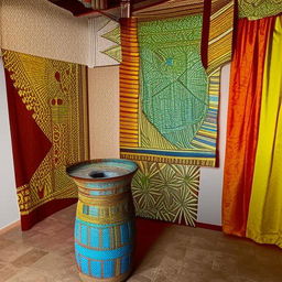 A 5m x 6m Ethiopian salon enriched with radiant cultural aesthetics, vibrant colors, and traditional Ethiopian decor.