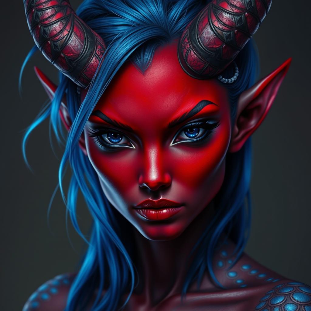 A female tiefling with mesmerizing void-like black eyes and dark red skin