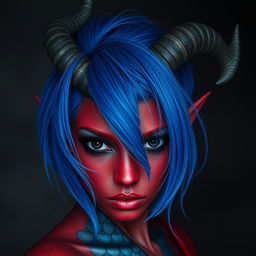 A female tiefling with mesmerizing void-like black eyes and dark red skin