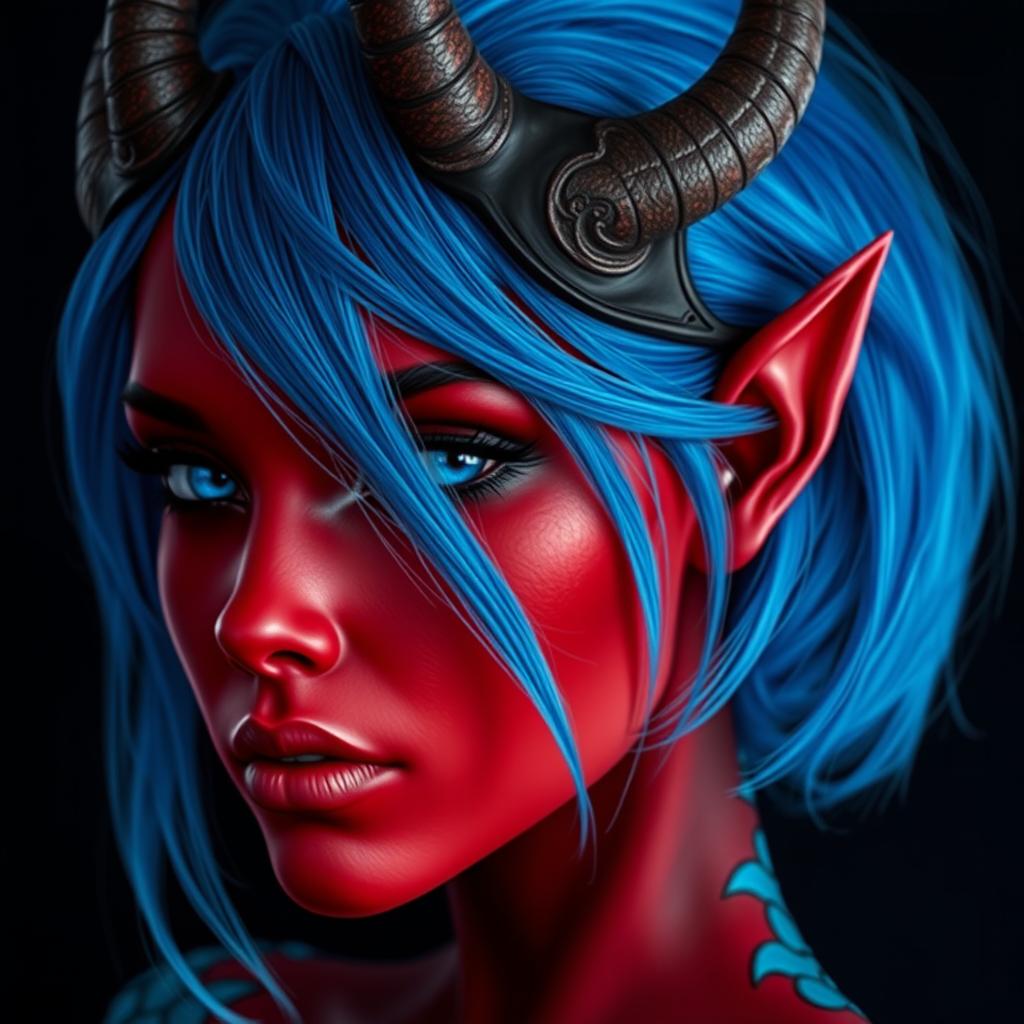 A female tiefling with mesmerizing void-like black eyes and dark red skin