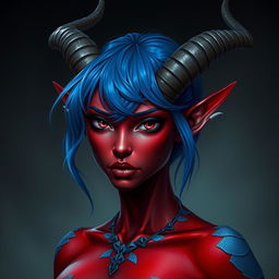 A female tiefling with mesmerizing void-like black eyes and dark red skin