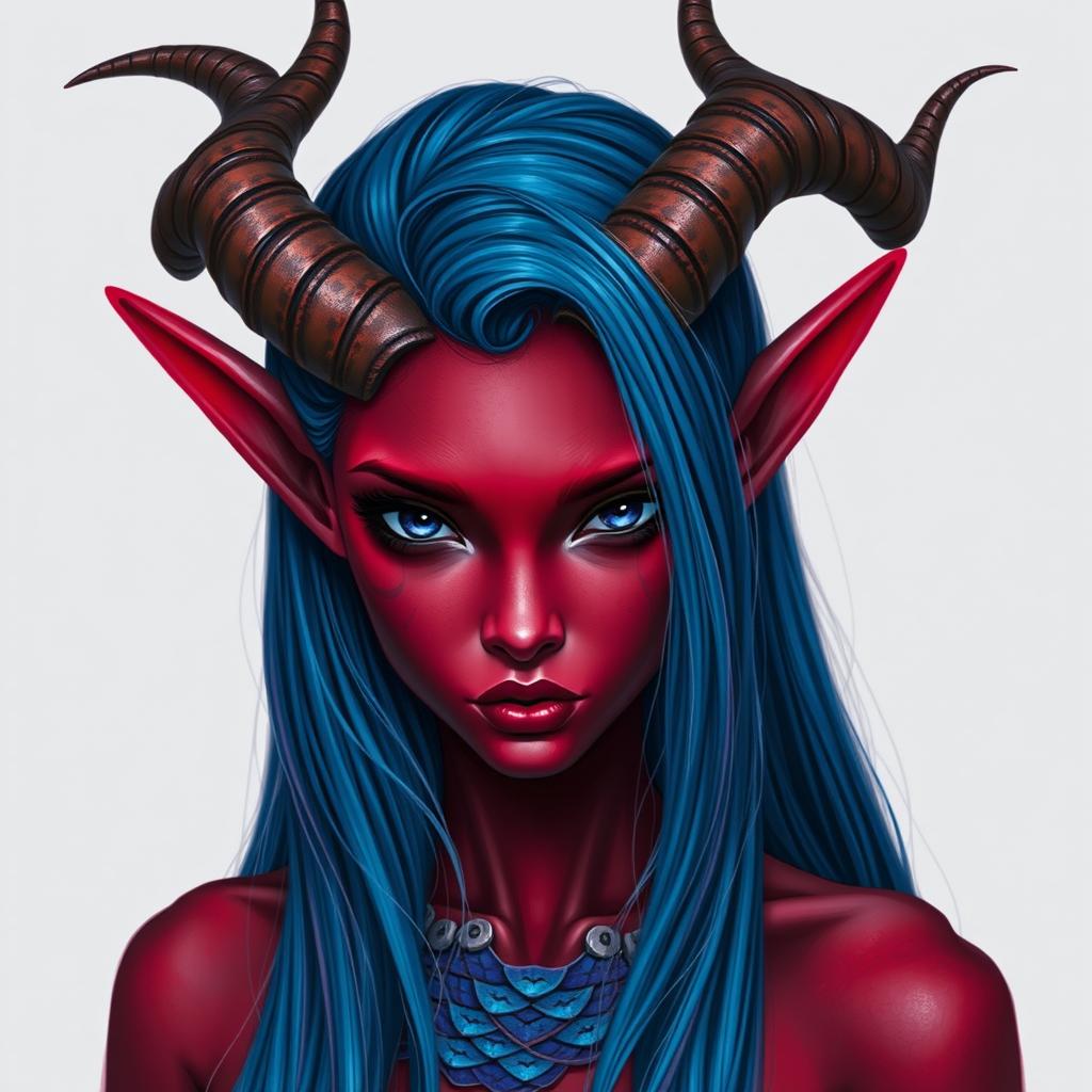 A female tiefling with void-like black eyes and red skin