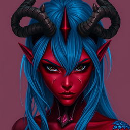 A female tiefling with void-like black eyes and red skin