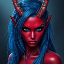 A female tiefling with void-like black eyes and red skin