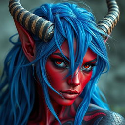 A female tiefling with void-like black eyes and red skin