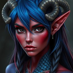 A female tiefling with deep black eyes and striking red skin, partially covered with a delicate sheen of blue dragon-like scales