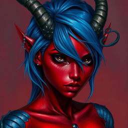 A female tiefling with deep black eyes and striking red skin, partially covered with a delicate sheen of blue dragon-like scales