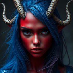 A female tiefling with deep black eyes and striking red skin, partially covered with a delicate sheen of blue dragon-like scales