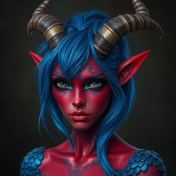 A female tiefling with deep black eyes and striking red skin, partially covered with a delicate sheen of blue dragon-like scales