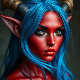 A female tiefling with captivating black eyes and striking red skin, featuring a thin sheen of blue dragon scales