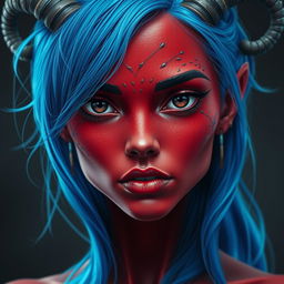 A female tiefling with captivating black eyes and striking red skin, featuring a thin sheen of blue dragon scales