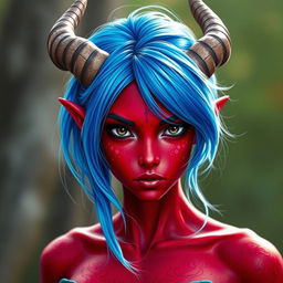 A female tiefling with captivating black eyes and striking red skin, featuring a thin sheen of blue dragon scales