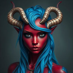 A female tiefling with captivating black eyes and striking red skin, featuring a thin sheen of blue dragon scales