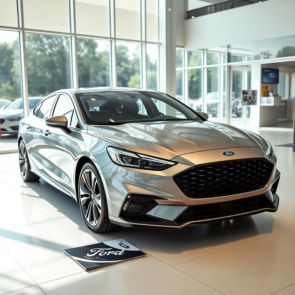 A 2025 Ford Falcon displayed prominently inside a modern Ford dealership