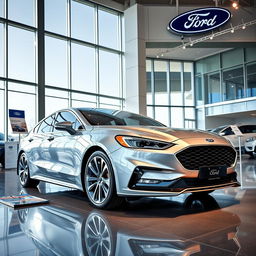 A 2025 Ford Falcon displayed prominently inside a modern Ford dealership