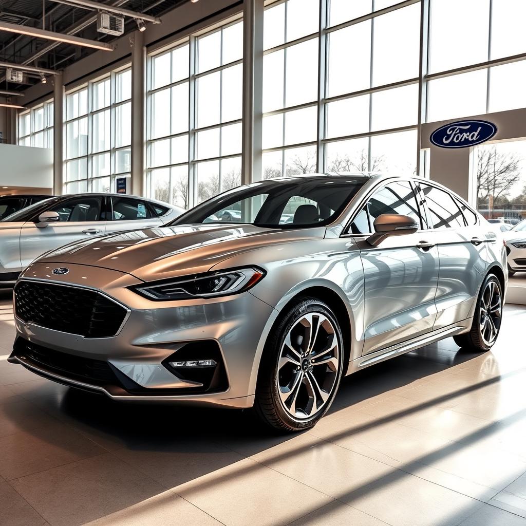 A 2025 Ford Falcon displayed prominently inside a modern Ford dealership