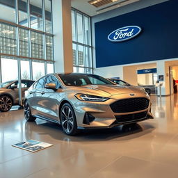 A 2025 Ford Falcon displayed prominently inside a modern Ford dealership