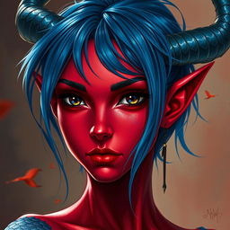 A female tiefling with captivating black eyes and red skin, partially covered with a thin sheen of blue dragon scales