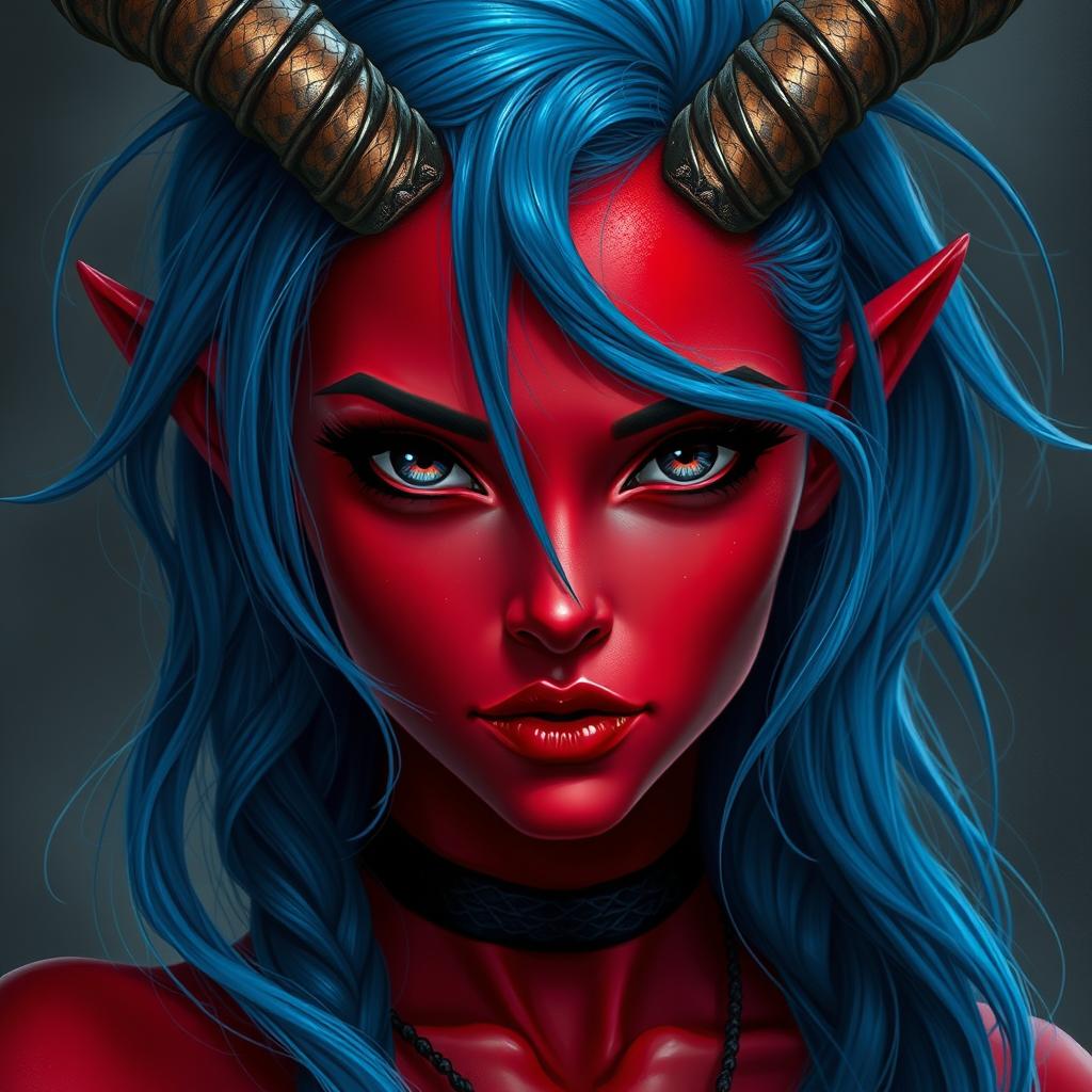 A female tiefling with captivating black eyes and red skin, partially covered with a thin sheen of blue dragon scales