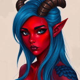 A female tiefling with captivating black eyes and red skin, partially covered with a thin sheen of blue dragon scales