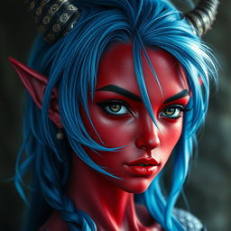 A female tiefling with captivating black eyes and red skin, partially covered with a thin sheen of blue dragon scales