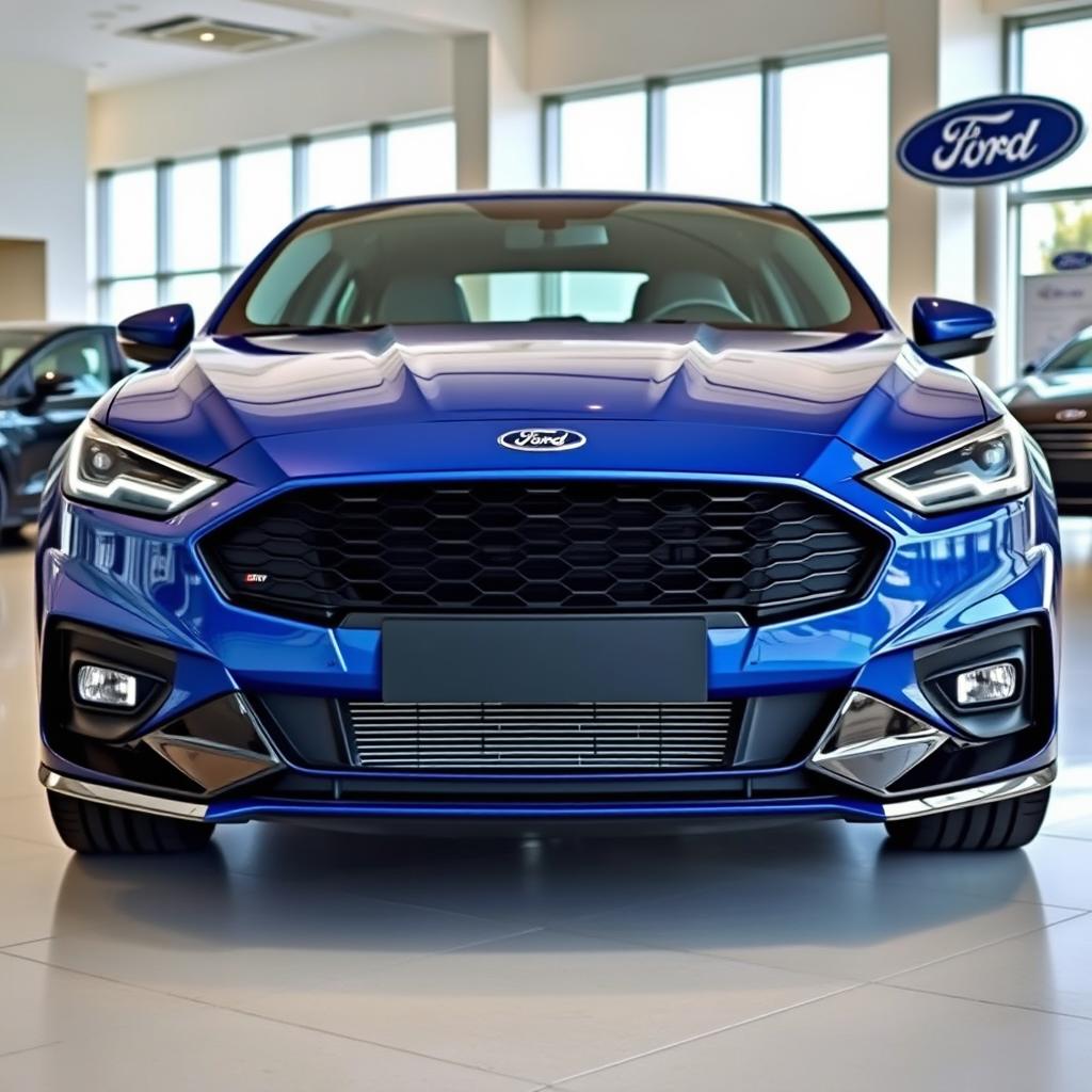 A blue 2025 Ford Falcon with an aggressive front end displayed in a contemporary Ford dealership