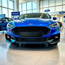 A blue 2025 Ford Falcon with an aggressive front end displayed in a contemporary Ford dealership