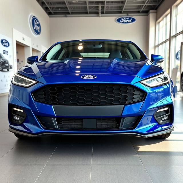 A blue 2025 Ford Falcon with an aggressive front end displayed in a contemporary Ford dealership