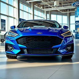 A blue 2025 Ford Falcon with an aggressive front end displayed in a contemporary Ford dealership