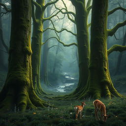 A mystical forest with towering ancient trees, their bark covered in vibrant green moss