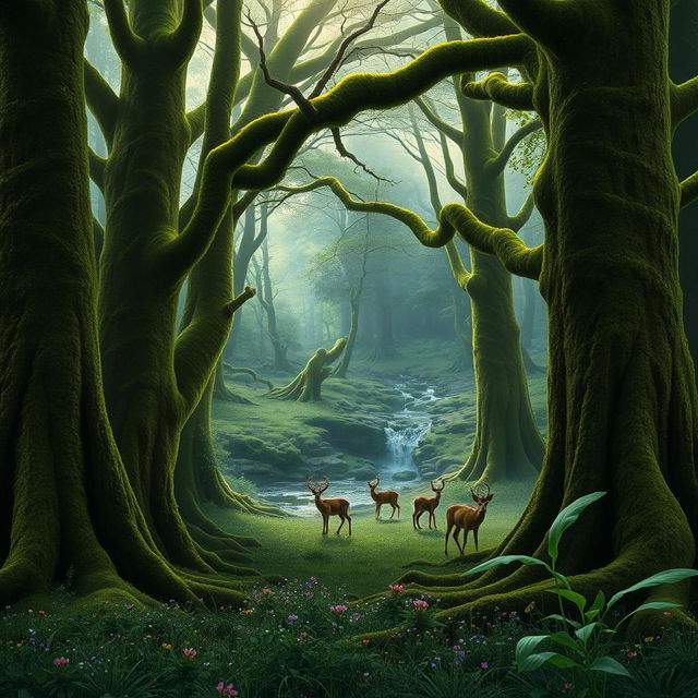 A mystical forest with towering ancient trees, their bark covered in vibrant green moss