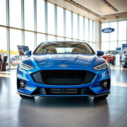 A blue 2025 Ford Falcon with an aggressive front end showcased inside a contemporary Ford dealership