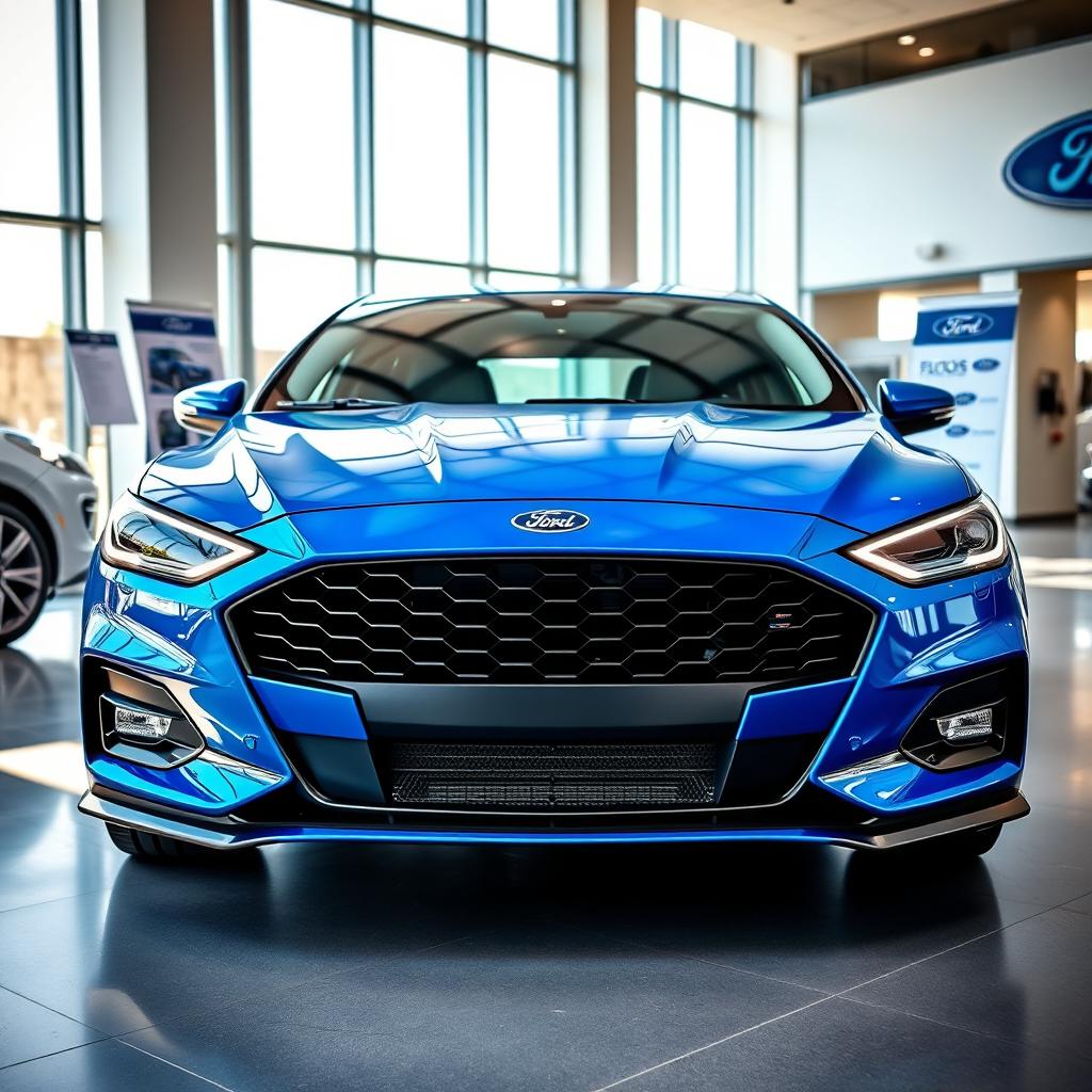 A blue 2025 Ford Falcon with an aggressive front end showcased inside a contemporary Ford dealership